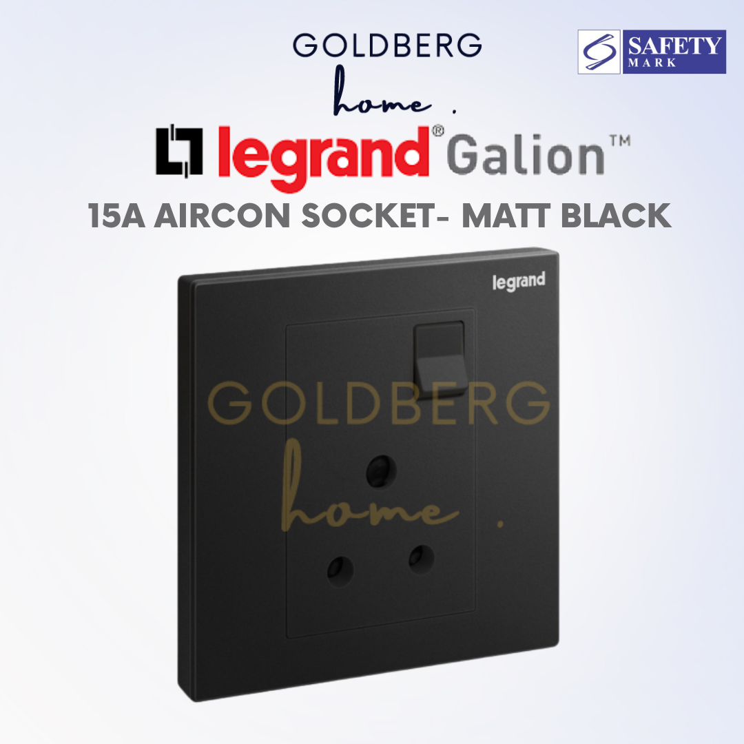 Legrand Galion 15A Aircon Socket Outlet in Matte Black by Goldberg Home, premium high-load power point.