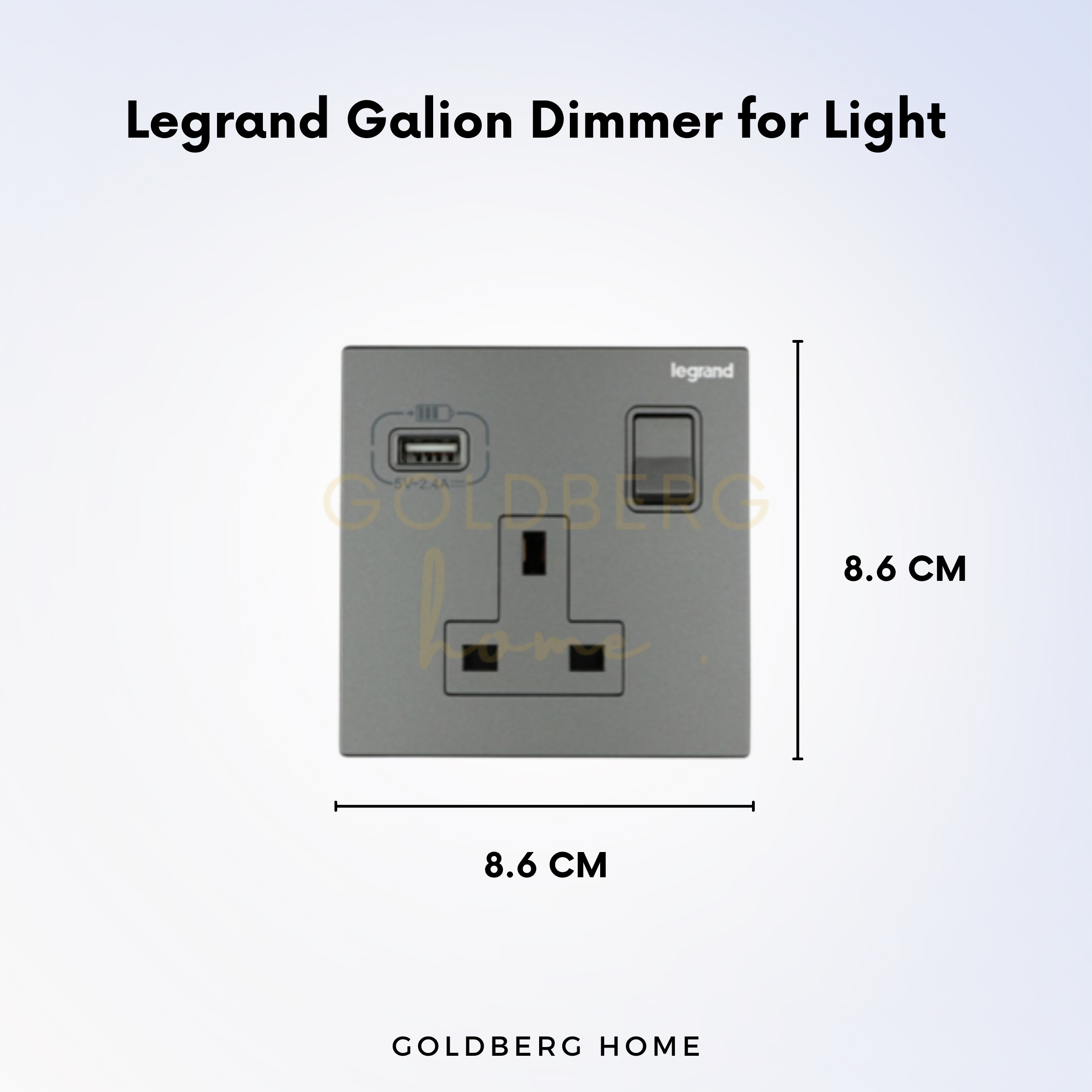 Depth and wiring specs for Legrand Galion 1-Gang USB socket, Safety Mark certified for Singapore.