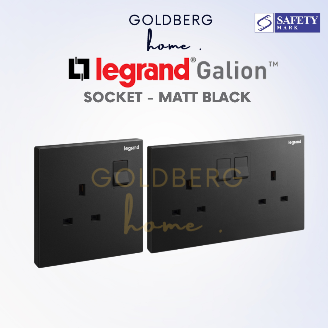 Legrand Galion 13A Wall Socket in Matte Black by Goldberg Home for modern Singapore interiors.