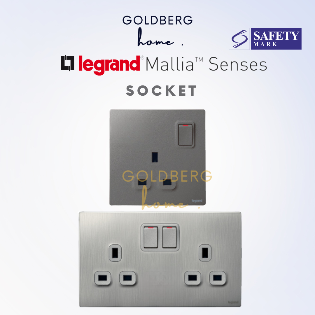Legrand Mallia Senses 13A Wall Socket by Goldberg Home, Safety Mark approved with a sleek curved design.