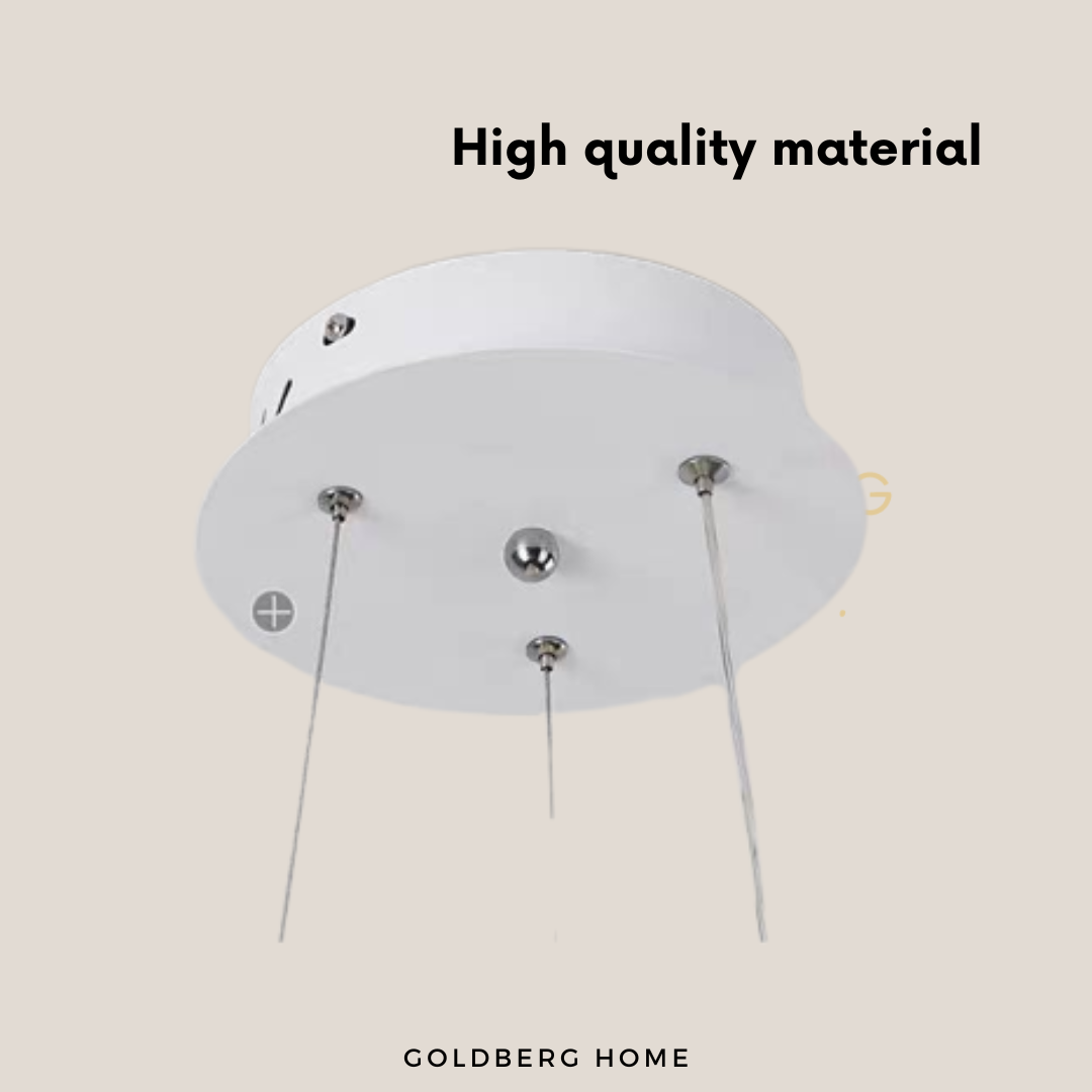 Close-up of the reinforced ceiling base and adjustable cable for Goldberg Louiza series pendant lighting.