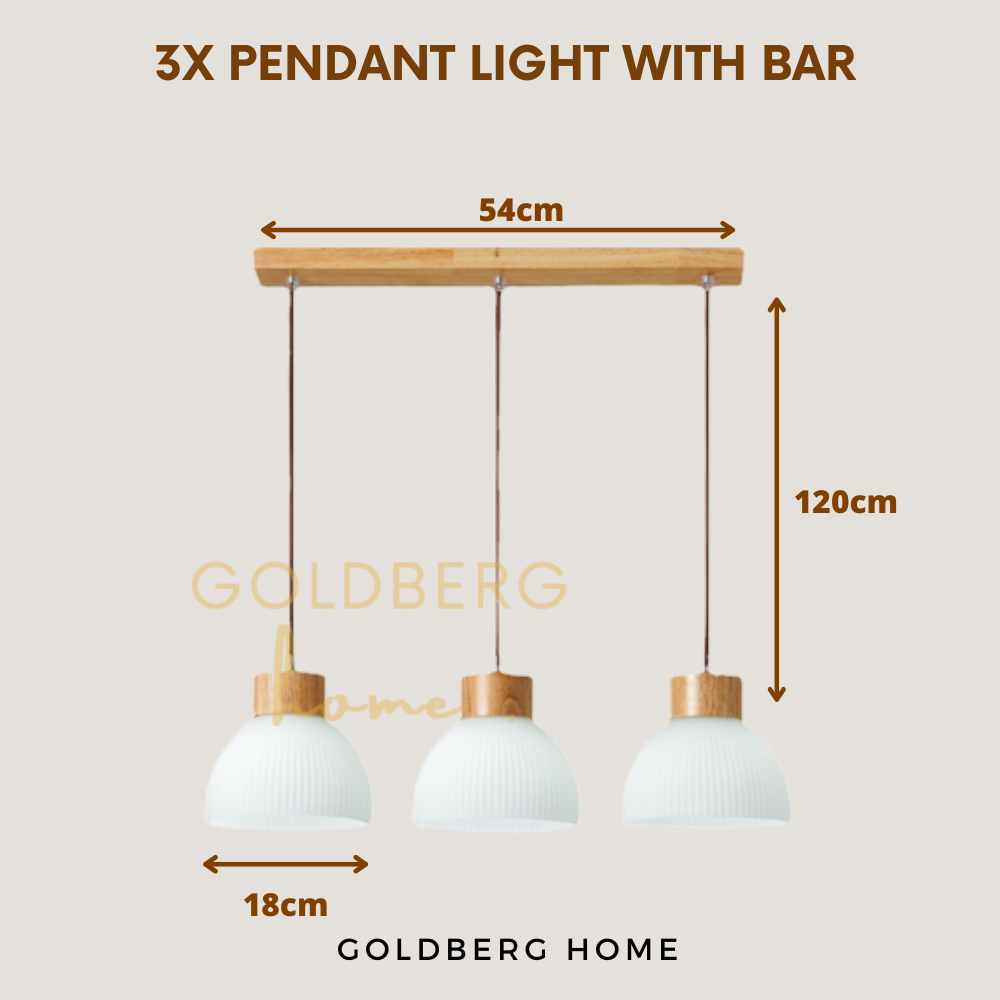 Goldberg Home Osaka 120cm real wood base pendant light with triple light fittings for living room area illumination.