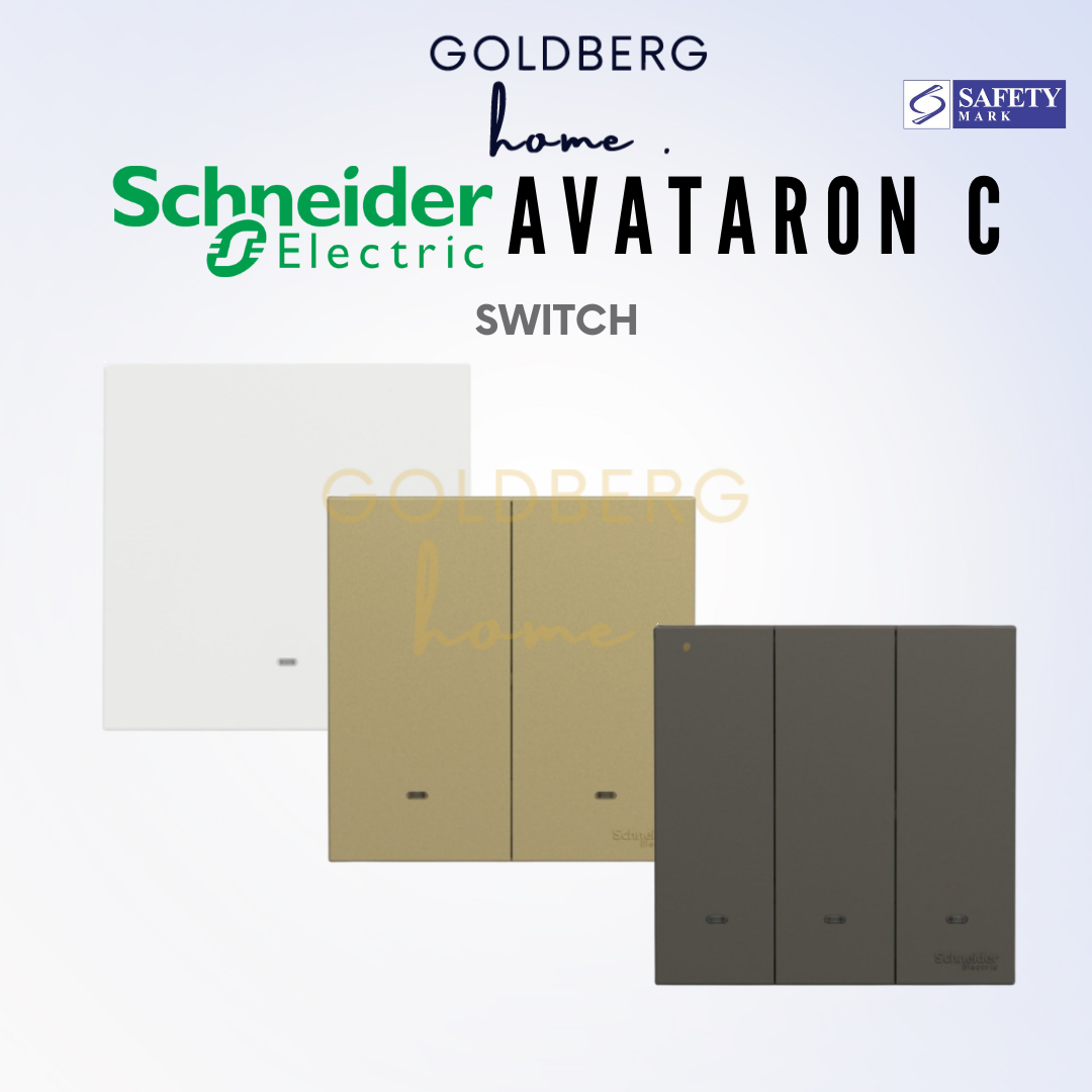 Schneider AvatarON C switch and socket collection by Goldberg Home in Wine Gold, Dark Grey, and White.