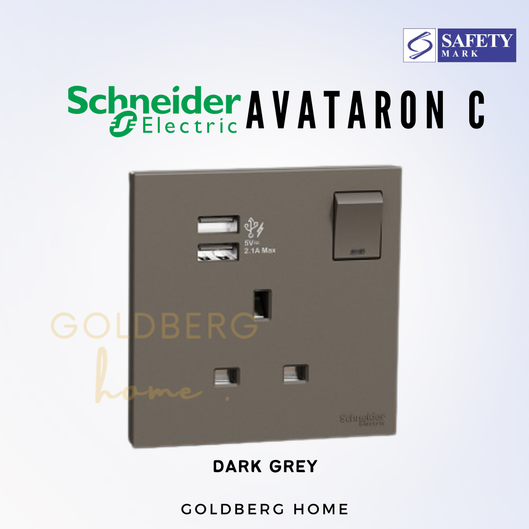 Technical specs for Schneider AvatarON C 1-gang USB socket, Safety Mark certified for Singapore homes.