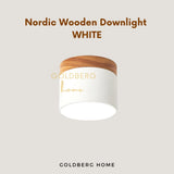 Goldberg Home Tako 6W Nordic downlight in White with real wood trim, ideal for Scandi-style Singapore homes.