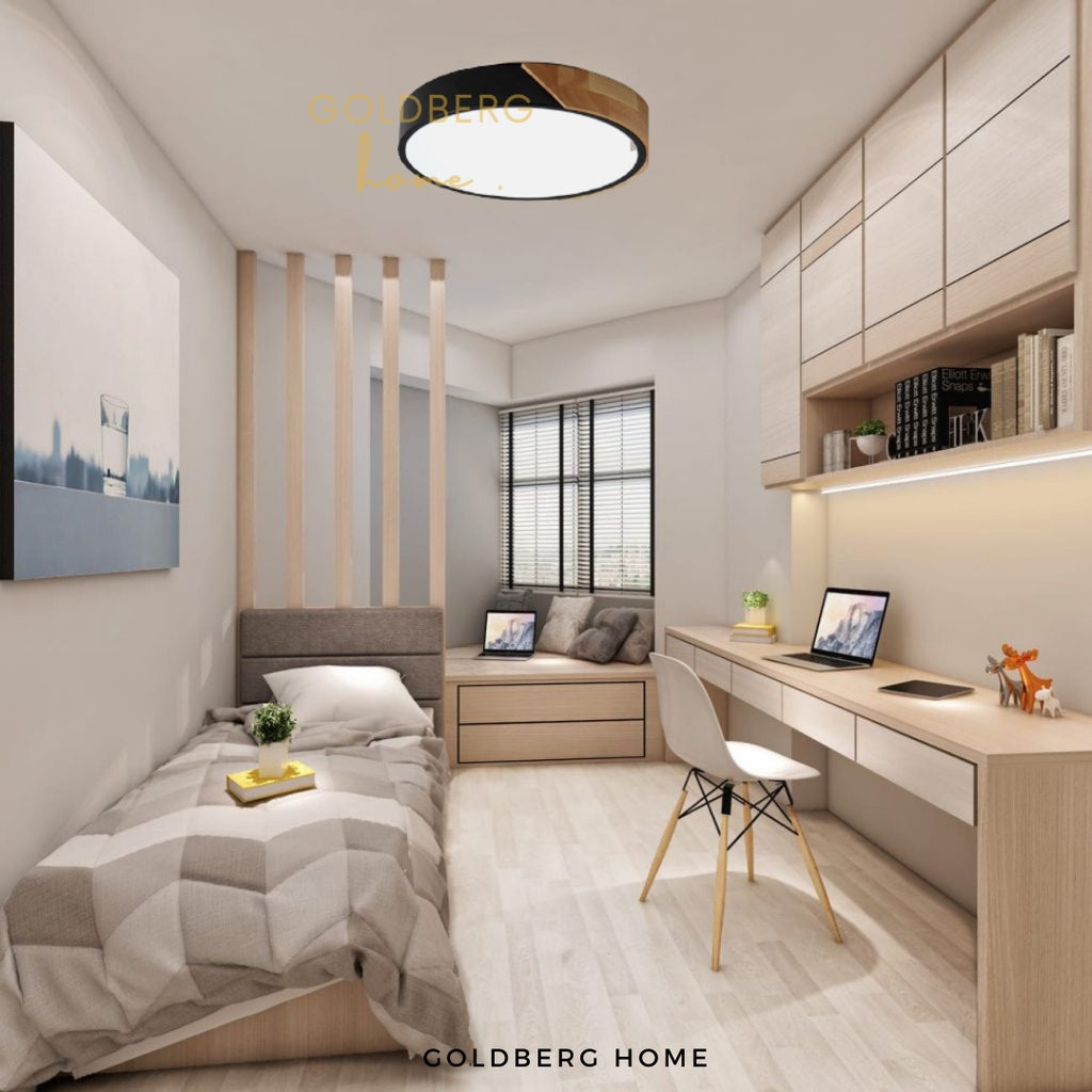 Black Tami Nordic wood ceiling light in a modern industrial Singapore BTO living room by Goldberg Home.