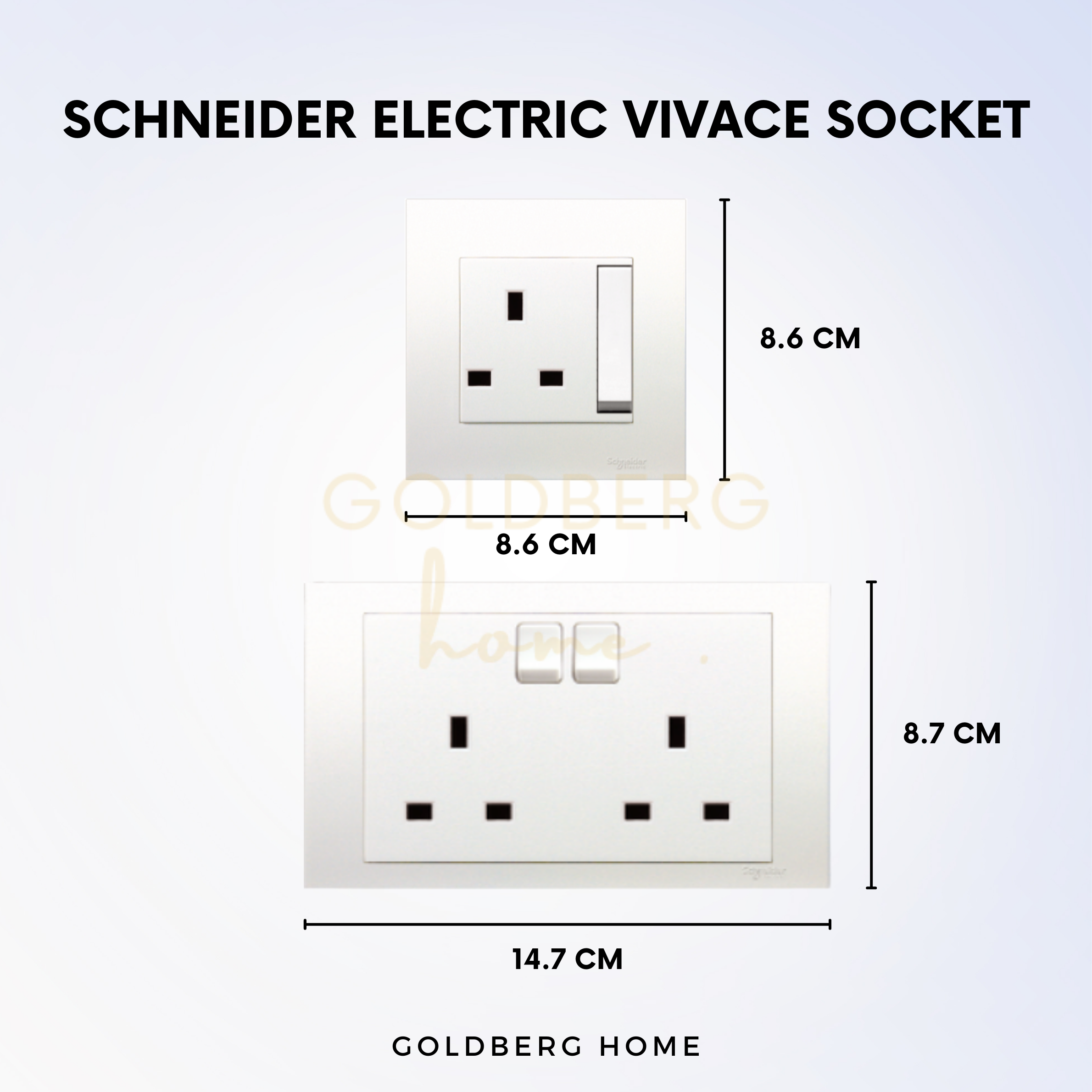 86mm x 86mm dimensions for Schneider Vivace 13A socket, standard fit for Singapore BTO and Condo.