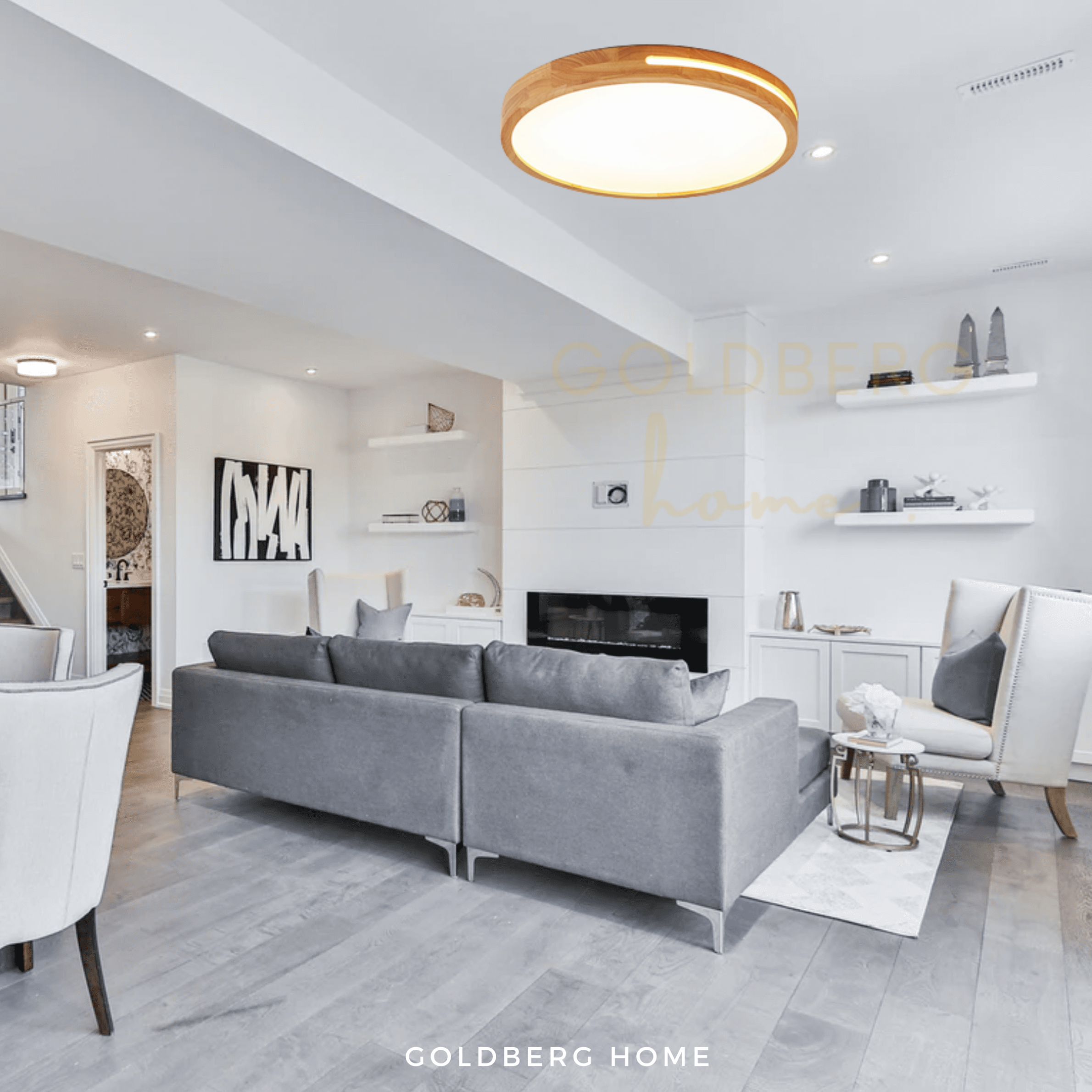 Warm, natural lighting effect of the Yuka wood light in a Singaporean condo.